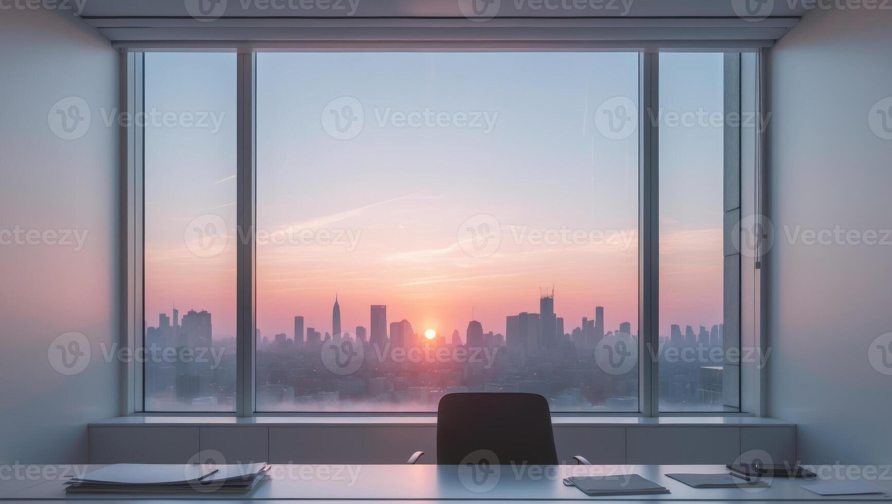 A desk with a computer and a window overlooking the city photo