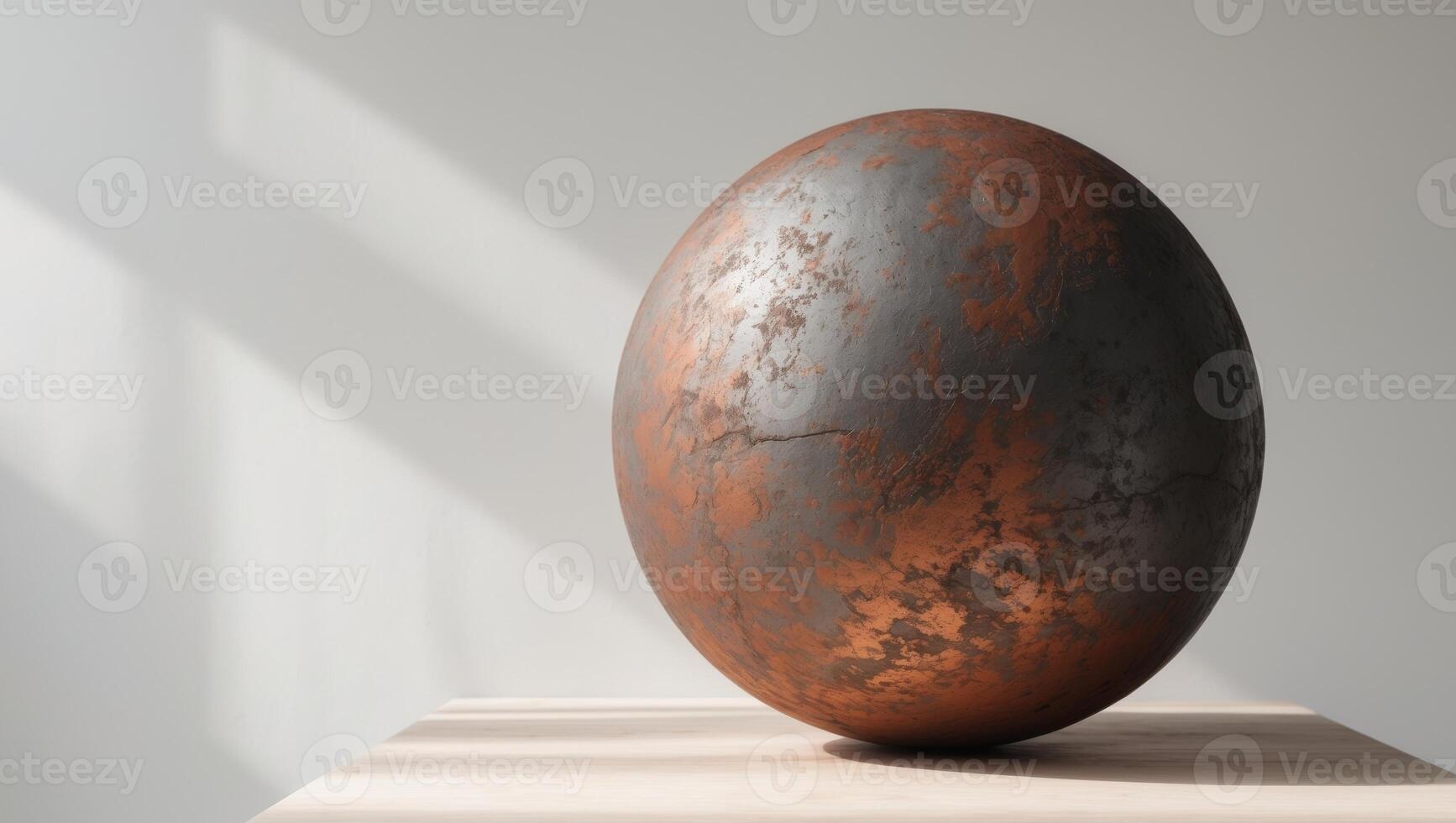 A large, rusty egg sitting on a wooden table photo