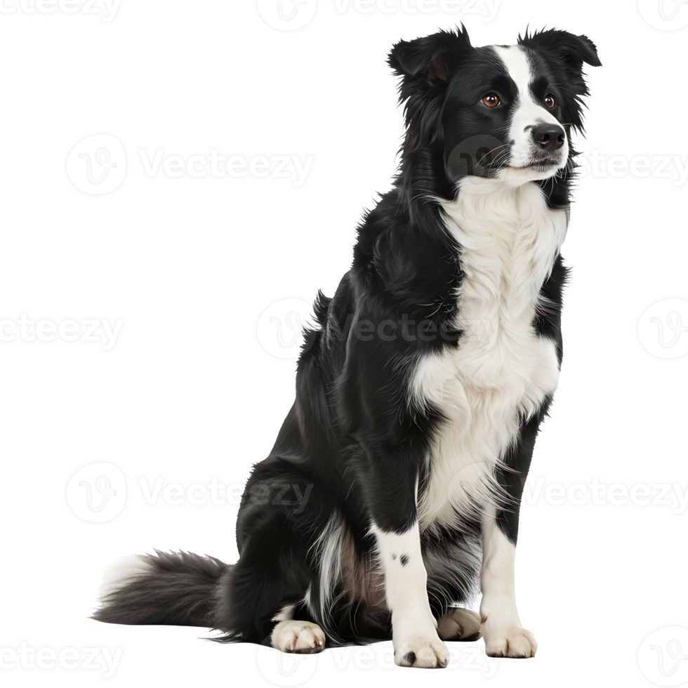 Black and White Border Collie Sitting on Transparent Background Isolated png