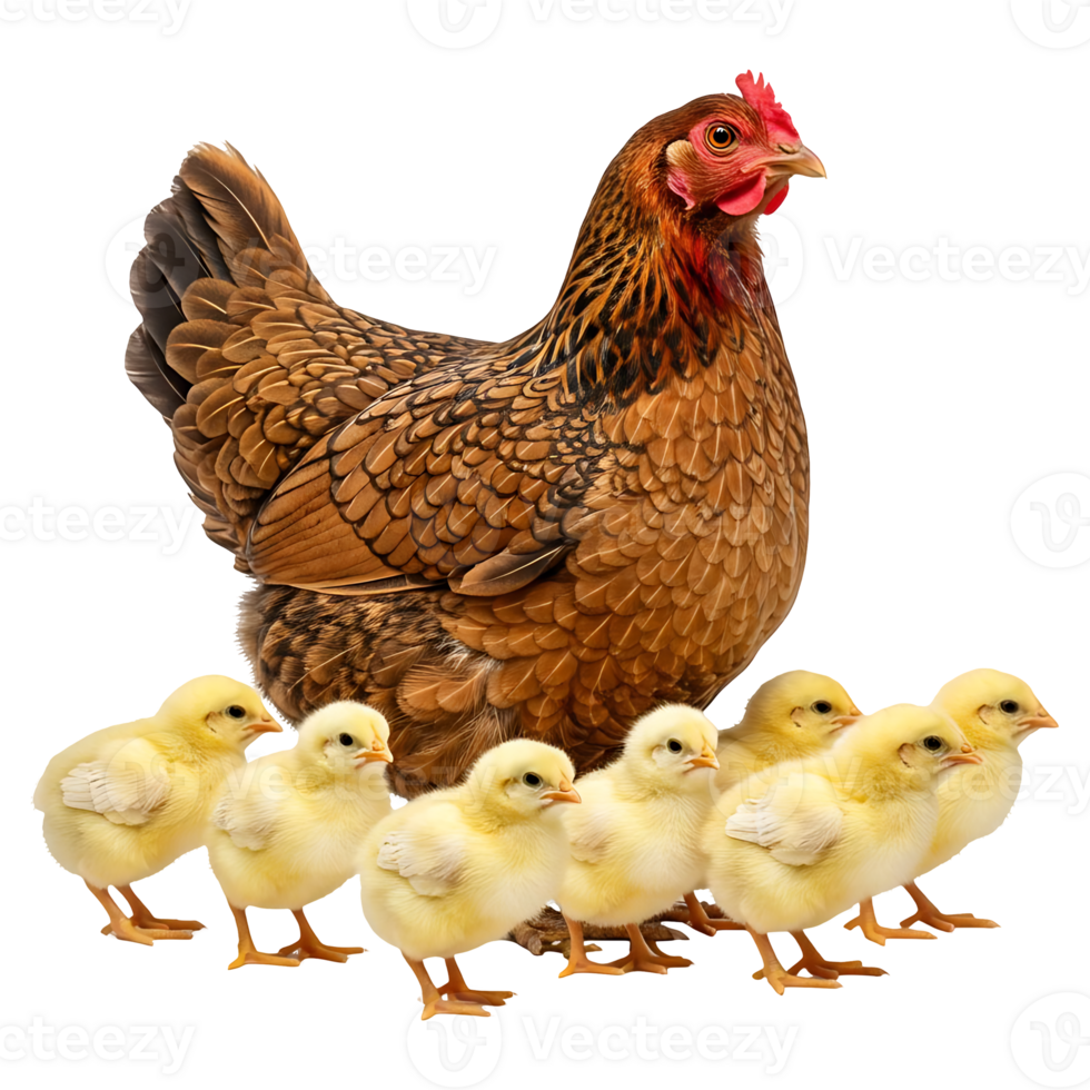 Brown Hen with Yellow Chicks on Transparent Background Isolated png