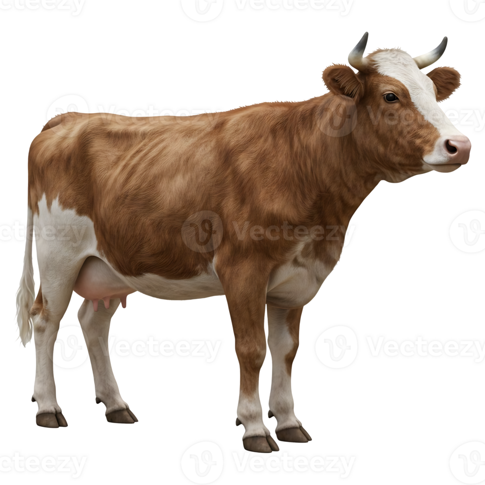 Brown and White Horned Cow Standing on Transparent Background png
