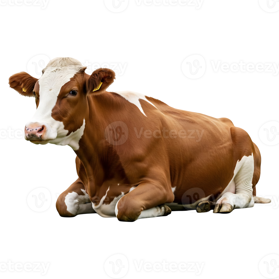 Dairy Cow Sitting Calmly with Yellow Ear Tags Visible png