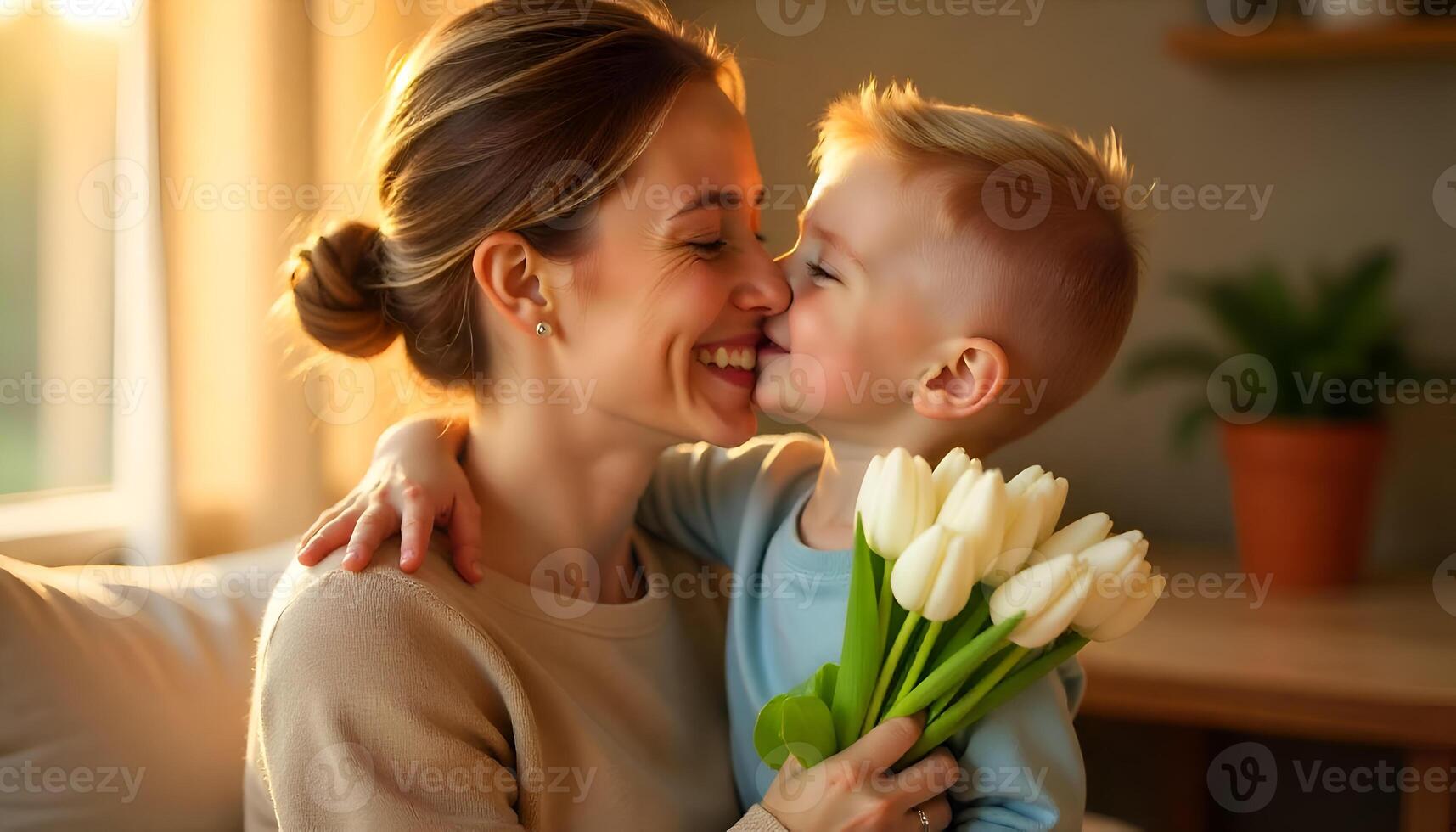 A woman is kissing her son while holding flowers photo