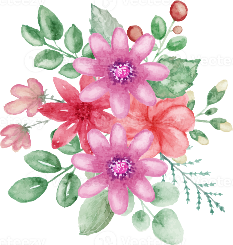 hand drawn of watercolor flowers and leaves arrangement png