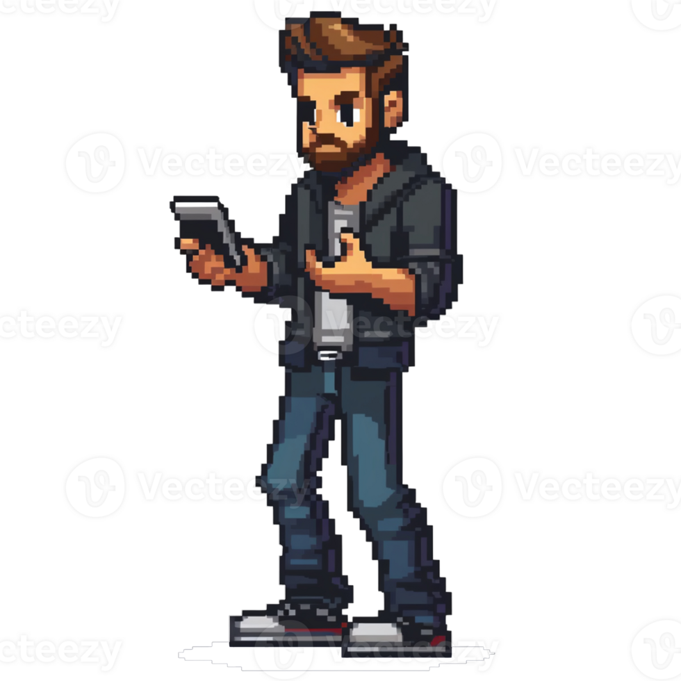 Pixel art of a man holding a cell phone png