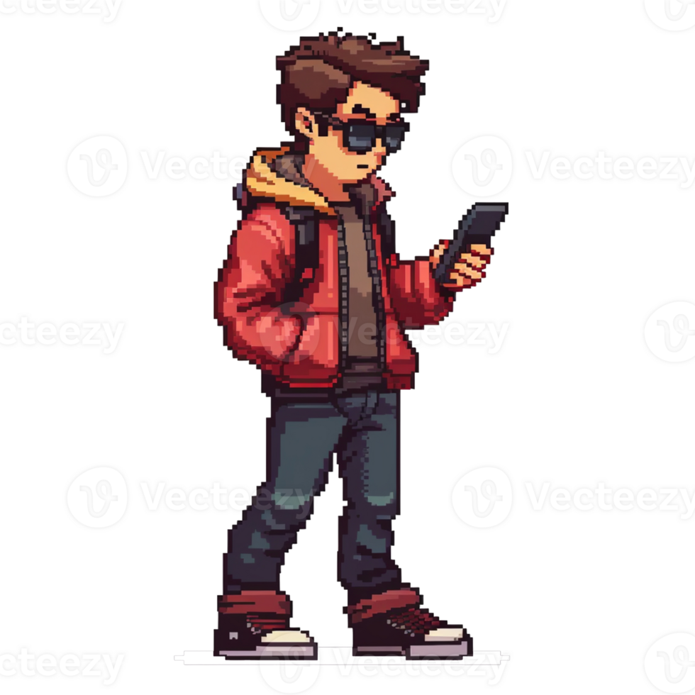 Pixel art of a man in a red jacket and sunglasses png