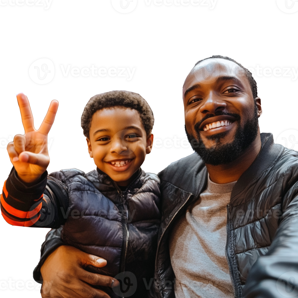 A man and a young boy are smiling and making the peace sign png
