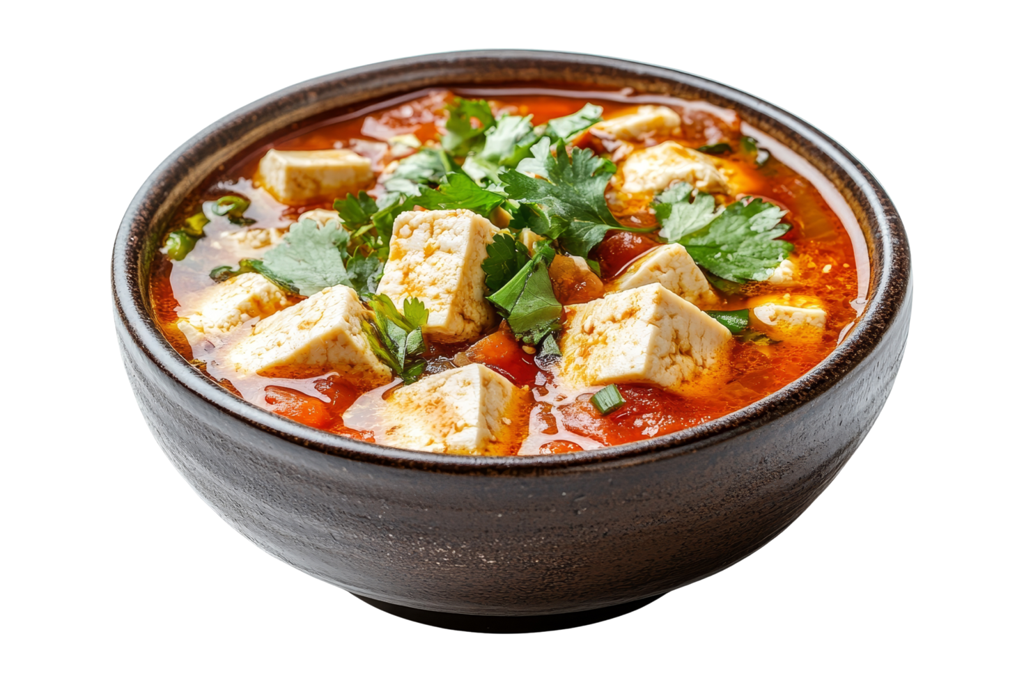 Delicious Spicy Tofu Soup with Fresh Herbs and Vegetables png