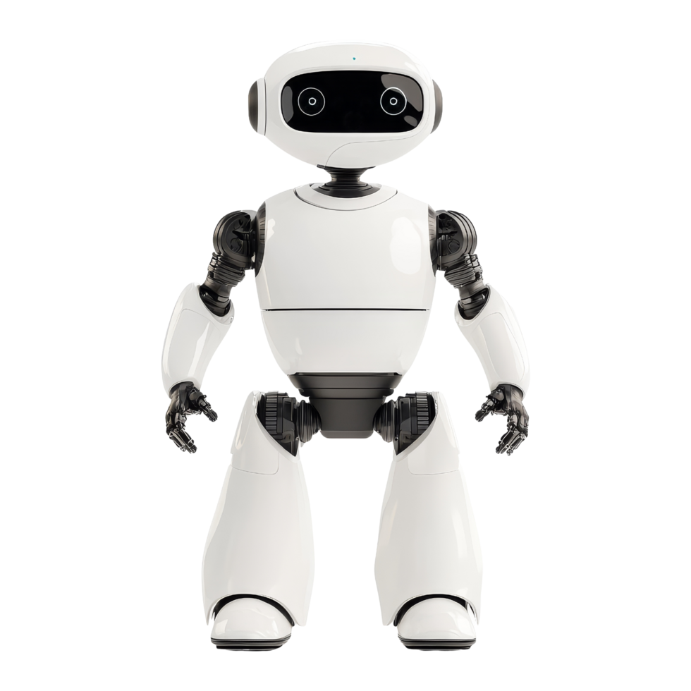 Friendly humanoid robot with expressive eyes and rounded shape png