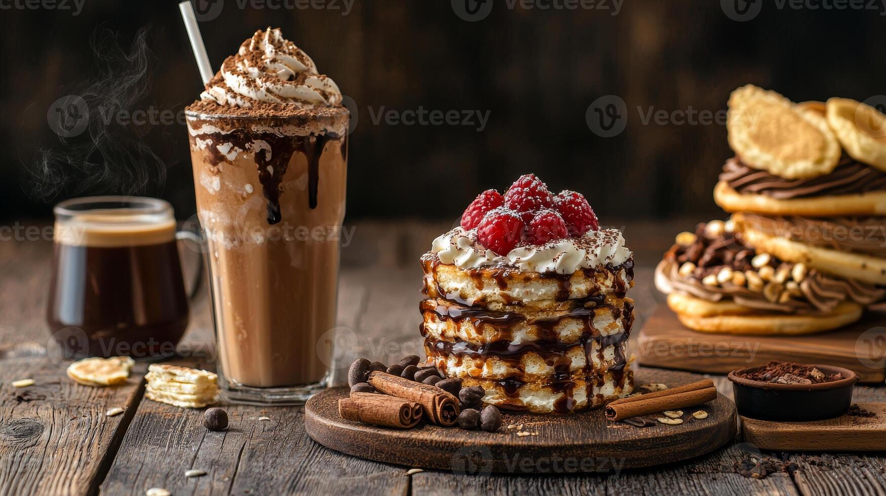 Delicious Chocolate Delights. Indulge in a Mocha Frappe, Raspberry Pancakes, and Chocolate Crepes photo