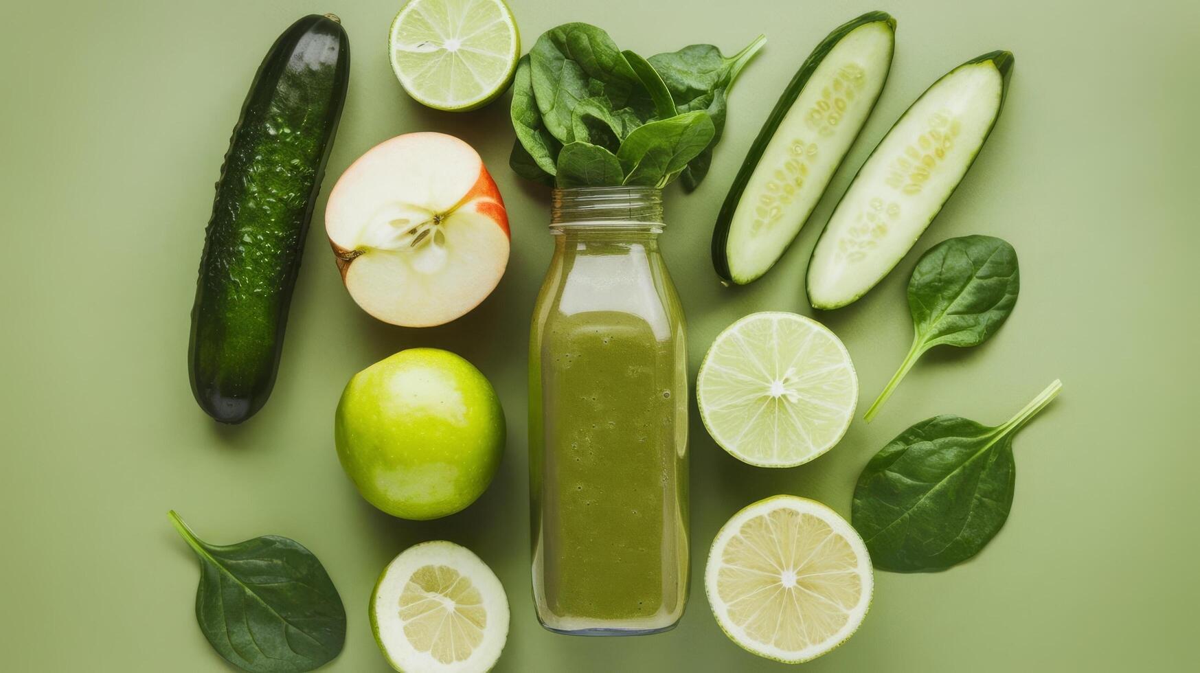 Green smoothie with cucumber, apple, lemon, spinach and lime photo