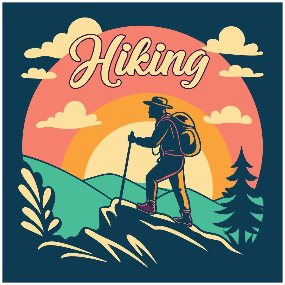 Vintage Hiking Scene with Rainbows T Shirt Design vector