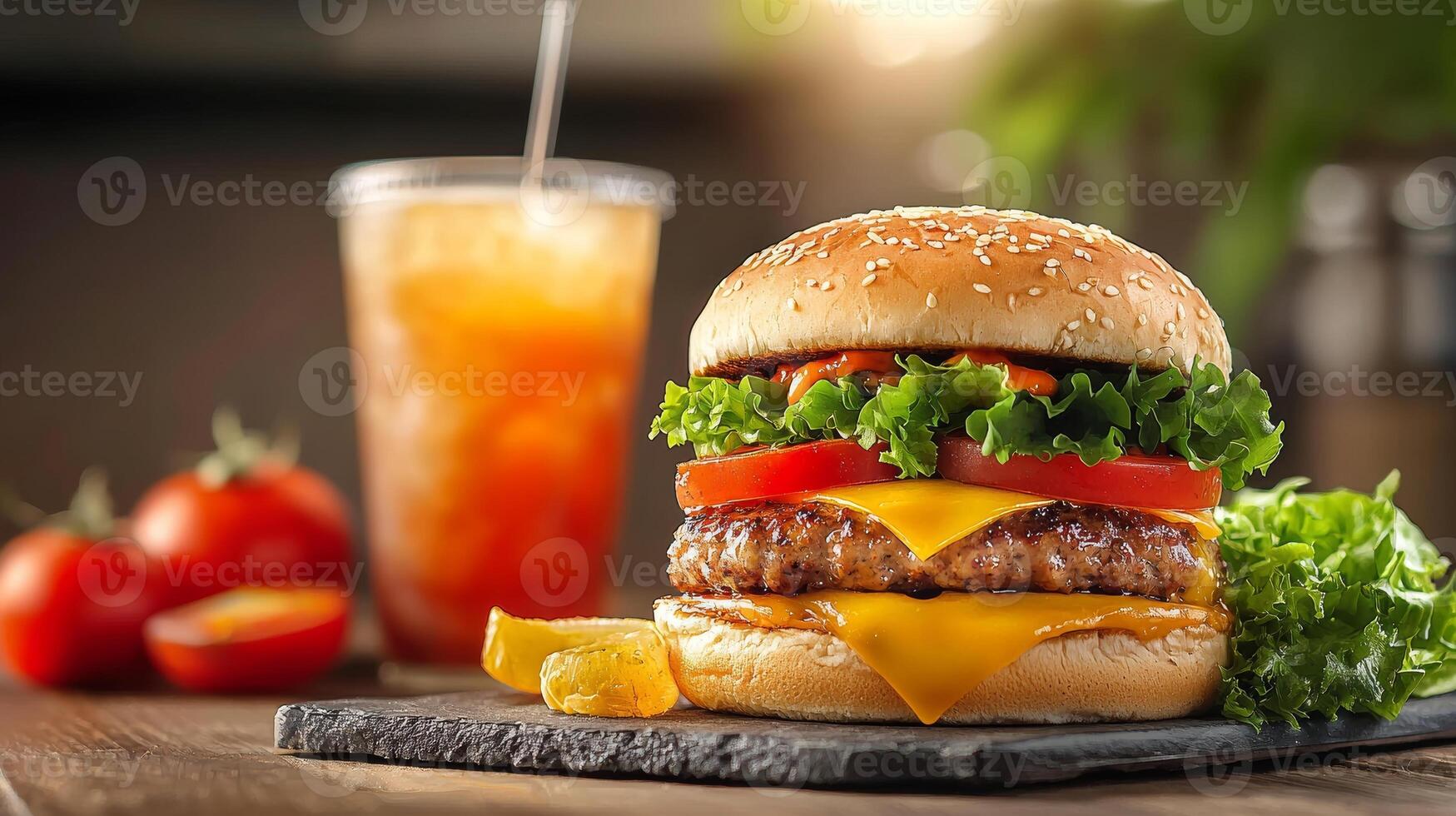 Juicy Cheeseburger with Ice Tea on Wooden Table photo