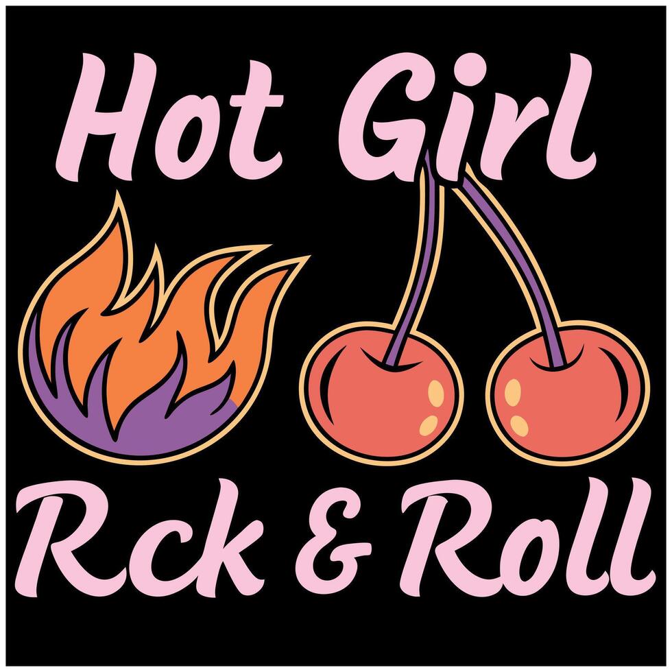 Rock and Roll Hot Girl Tee - Cherry and Flame Graphic vector