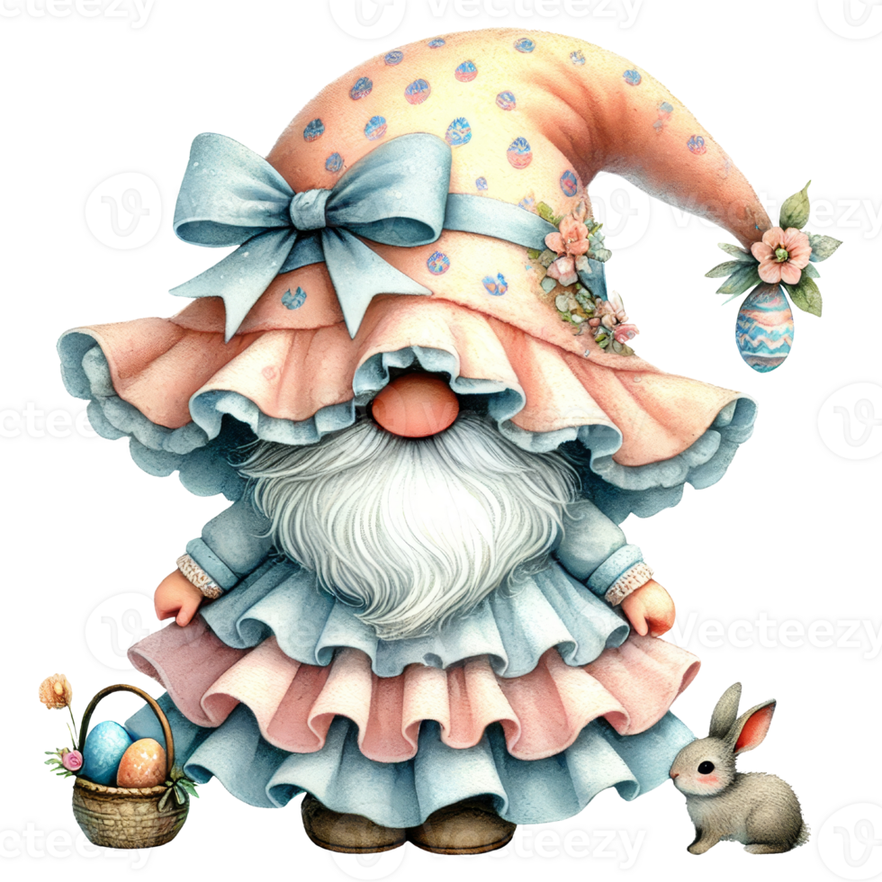 Easter day gnome with eggs and rabbit isolated png