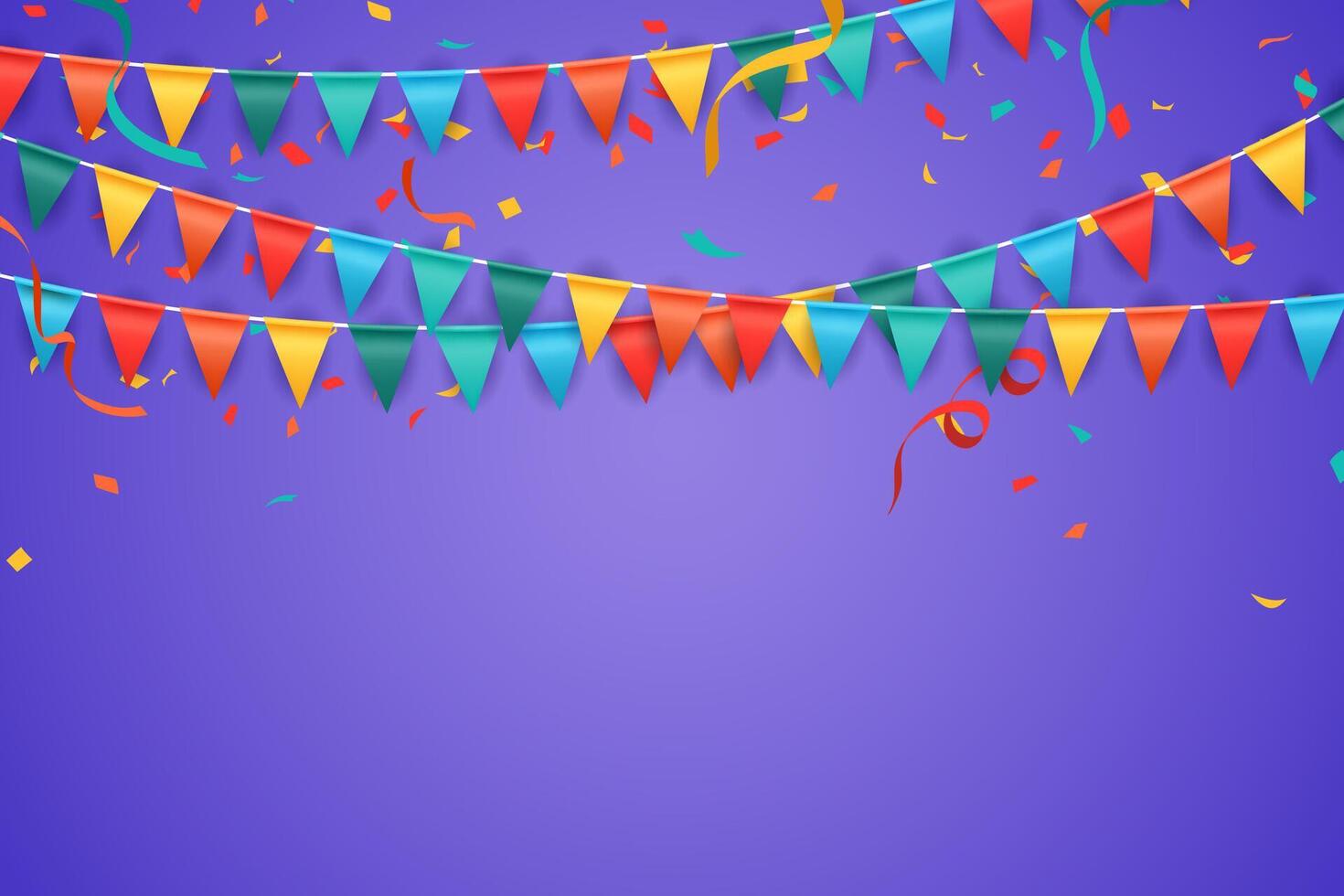 Party Background, with colorful Flags and confetti whit purple background.Illustration vector