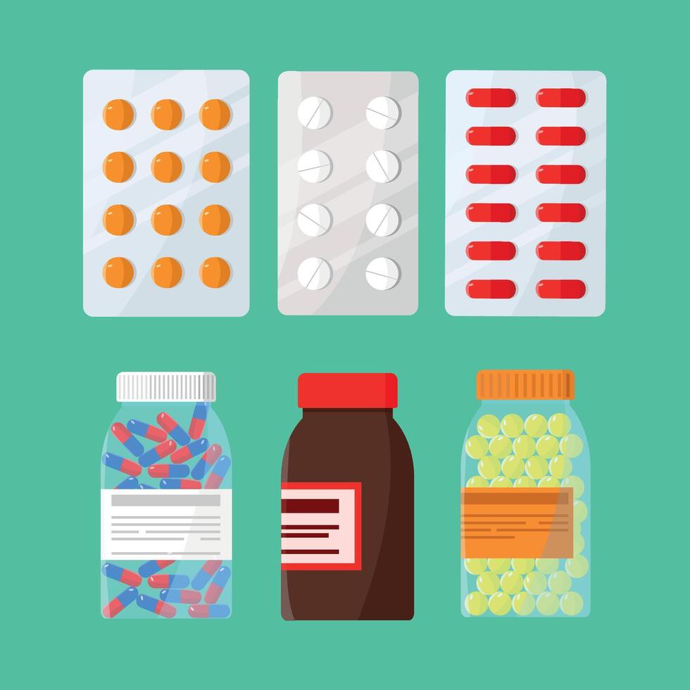 Set of icons of medicines and vitamins on a green background. Maintaining a healthy lifestyle. vector