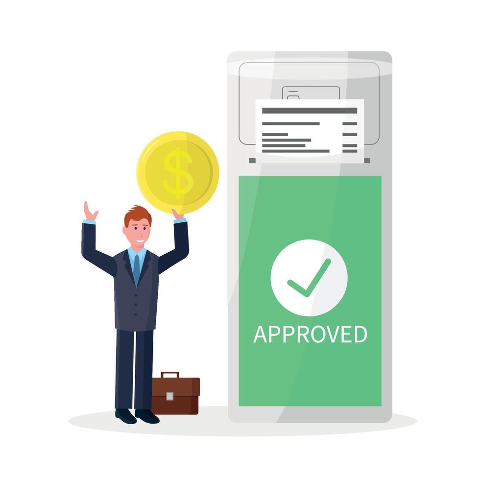 Businessman icon with payment terminal. Businessman made payment. Business relationship concept. vector