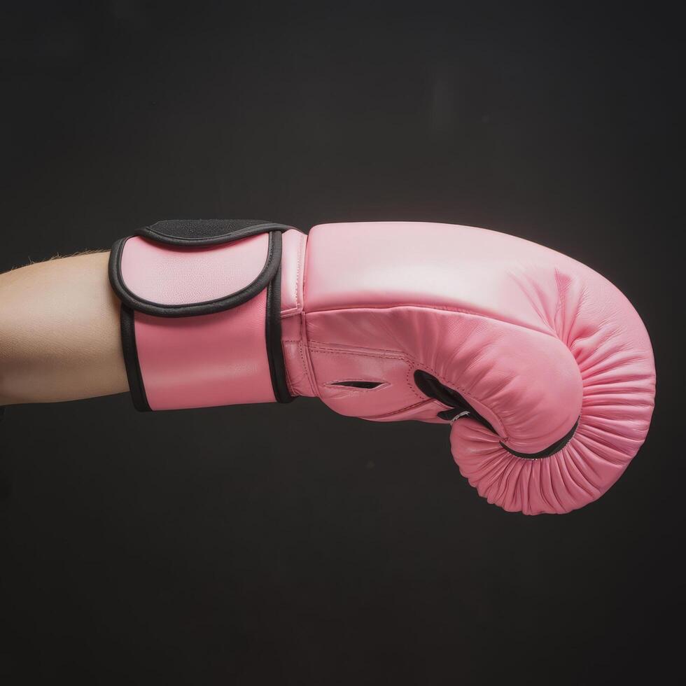 A pink boxing glove is shown on a black background photo