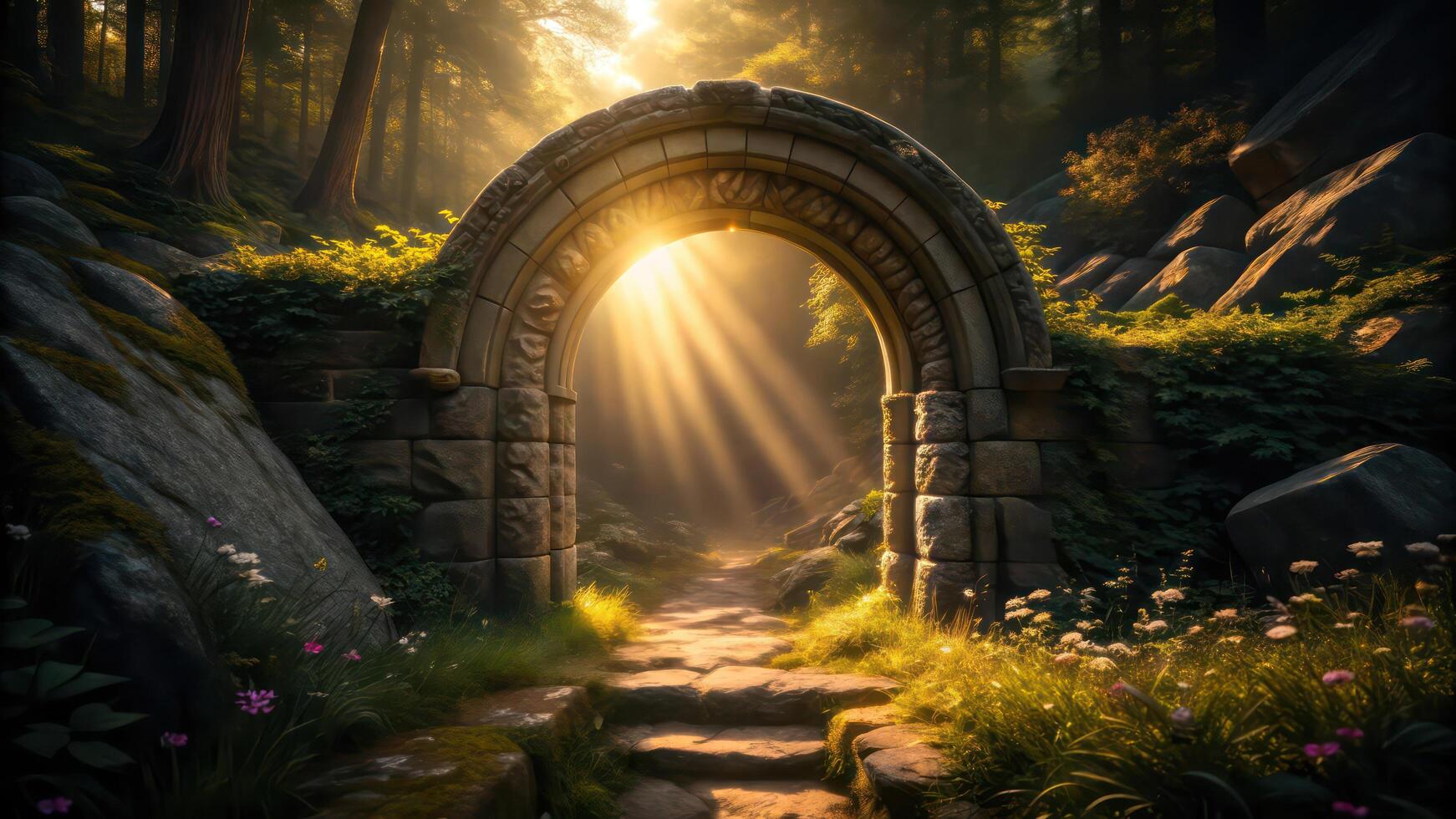 An archway in the woods with sunlight shining through it photo