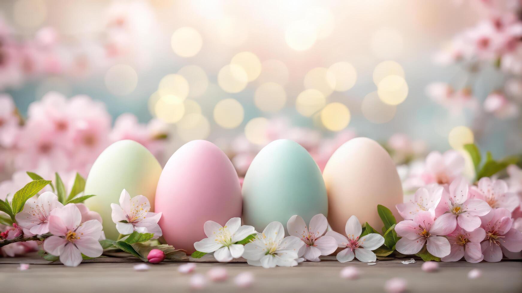 Three easter eggs with flowers on a wooden table photo