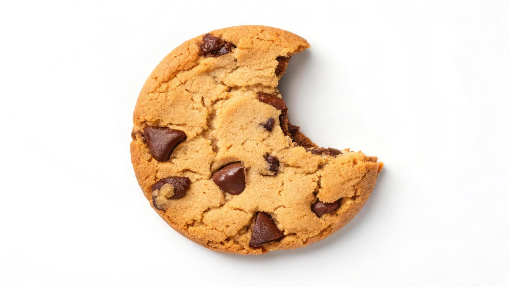 A chocolate chip cookie is shown on a white background photo