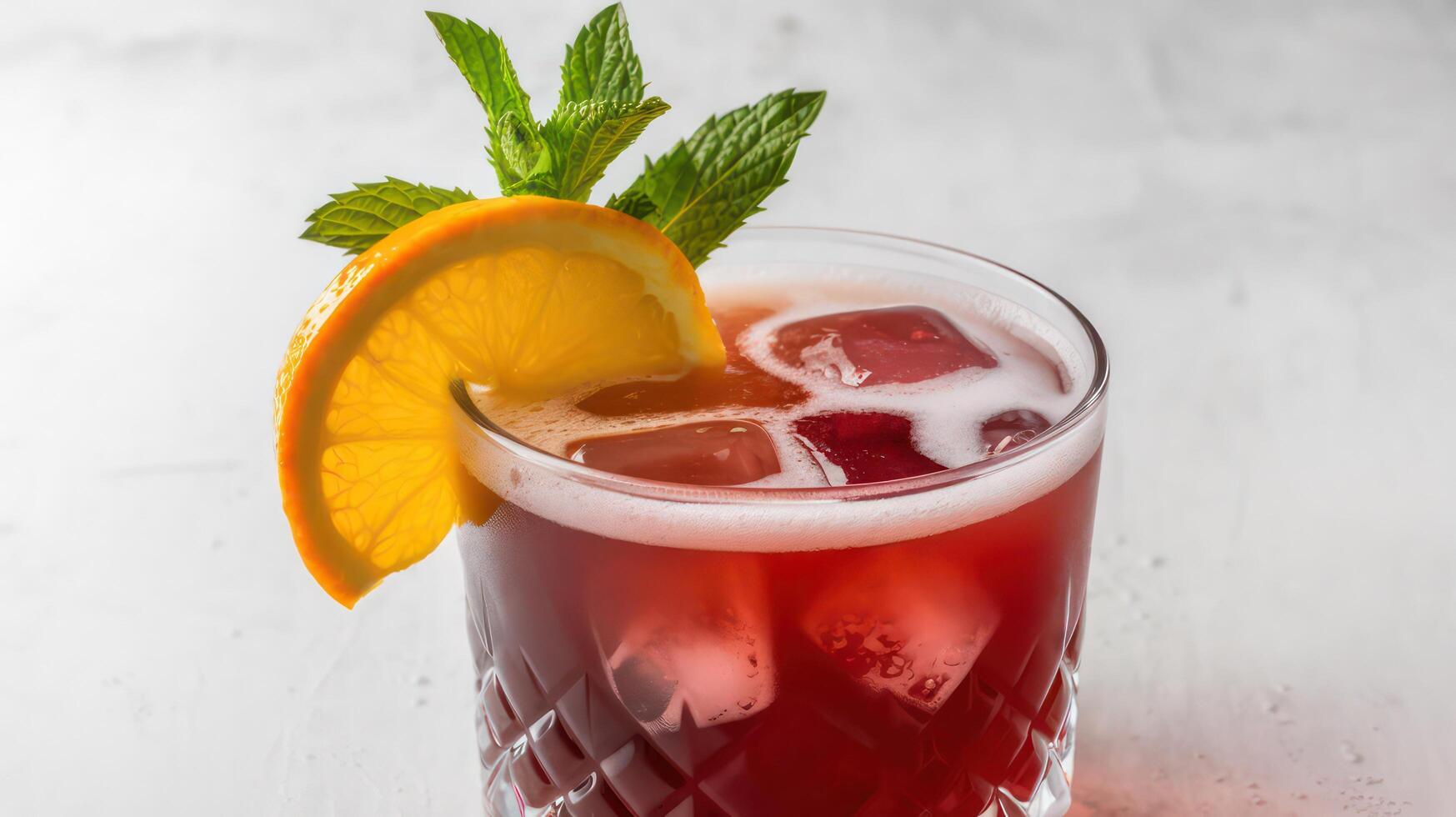 A red drink with an orange slice and mint photo