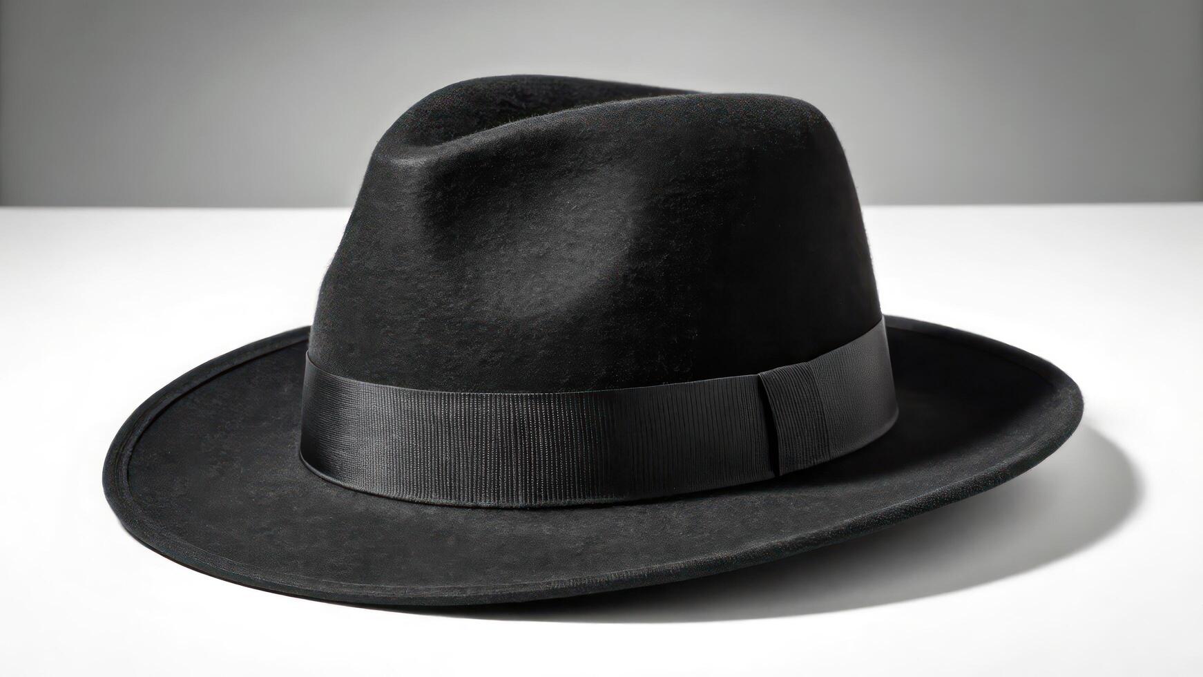 A black fedora hat on a white surface photo