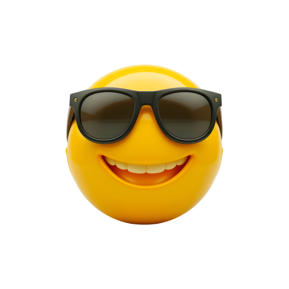 Yellow Emoji Smiling Expression Sunglasses 3D Render Glossy Texture Cool Attitude Summer Vibes Pop Culture Symbol png