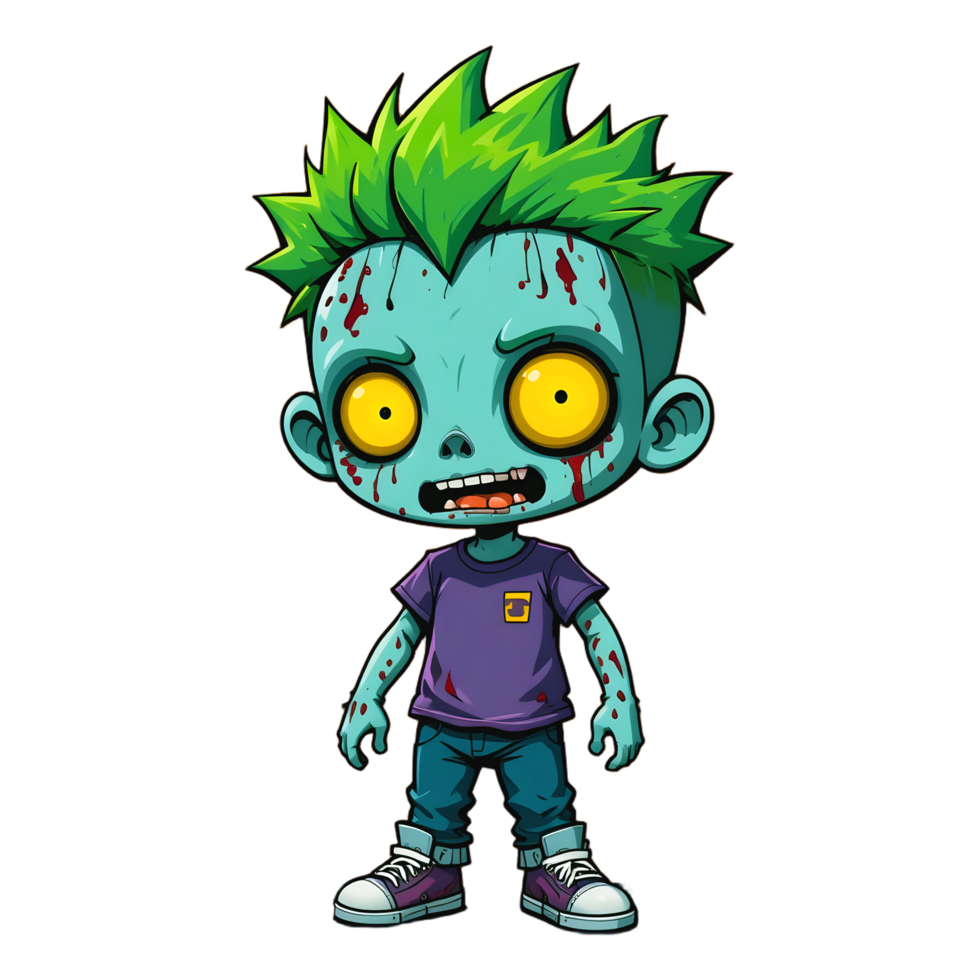 Cartoon Zombie Boy Green Spiky Hair Yellow Glowing Eyes Blue Skin Blood Spatter Cute Creepy Character Digital Art Horror Comedy png