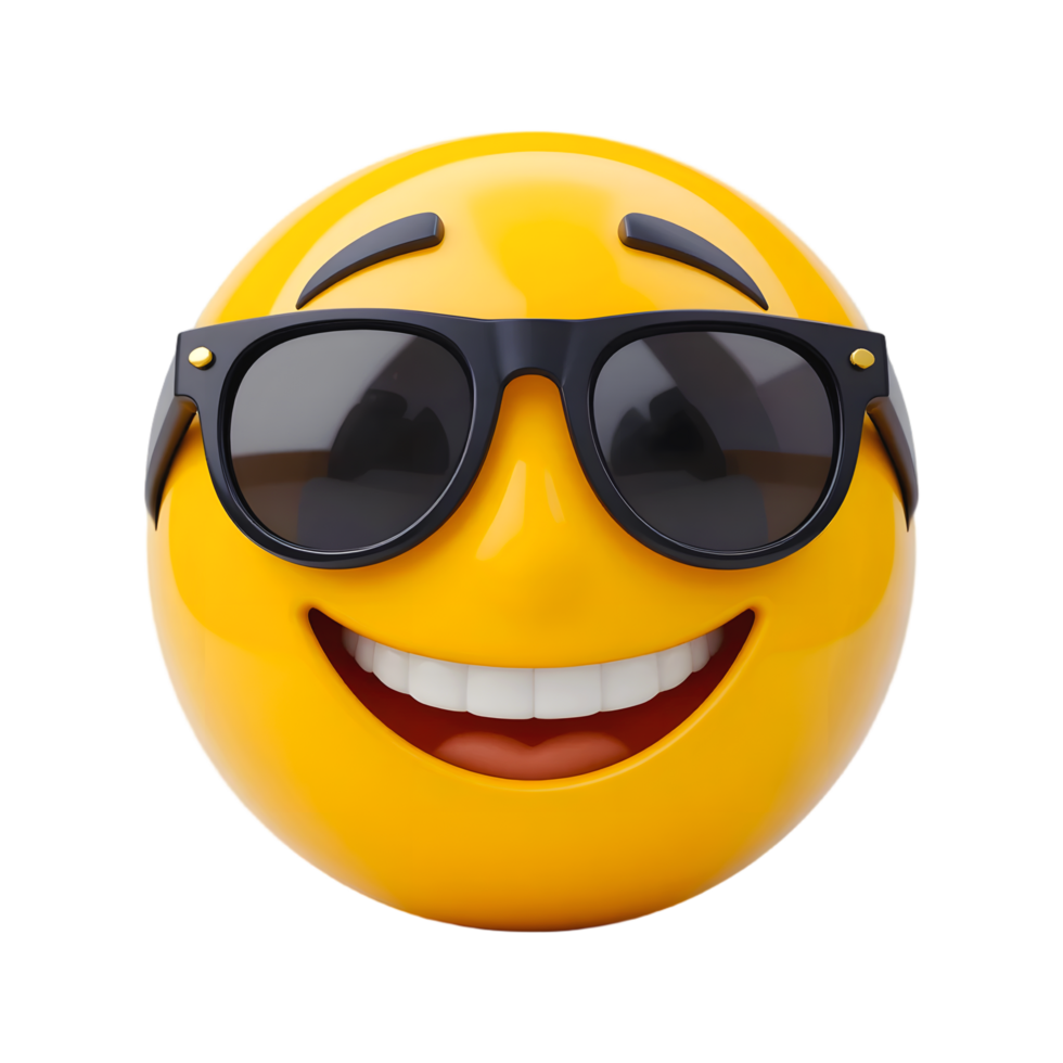 Yellow emoji face smiling with teeth wearing black sunglasses 3D render cheerful expression vibrant cool confident playful mood png