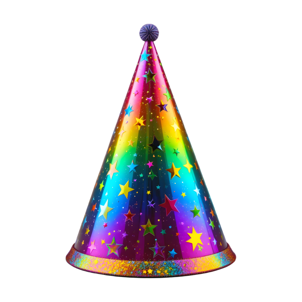Colorful party hat rainbow gradient star pattern holographic shine festive birthday accessory vibrant colors glossy texture transparent background digital art png