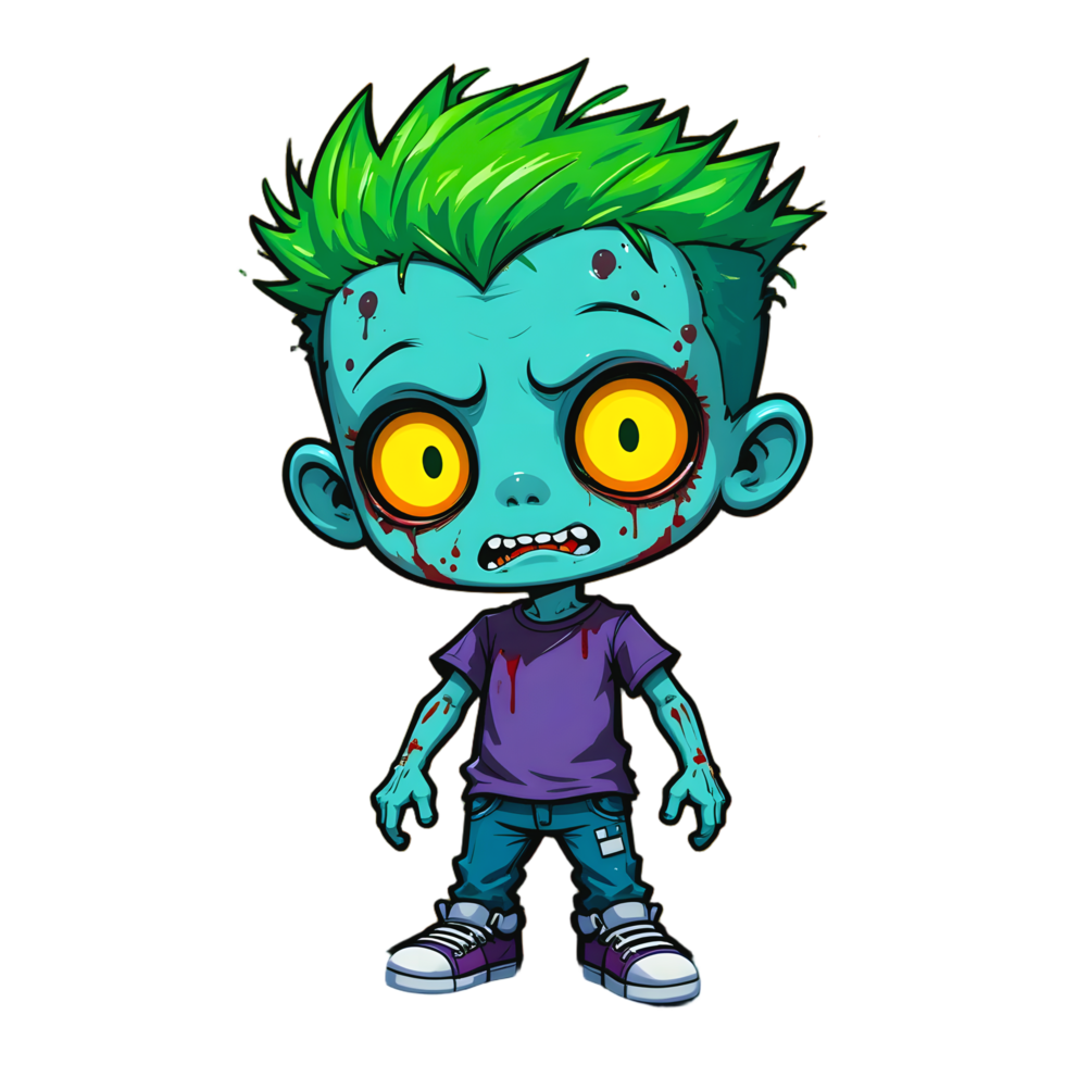 Cartoon Zombie Boy Chibi Style Green Hair Glowing Eyes Cute Monster Digital Illustration Vibrant Colors Transparent Background Comic Art png