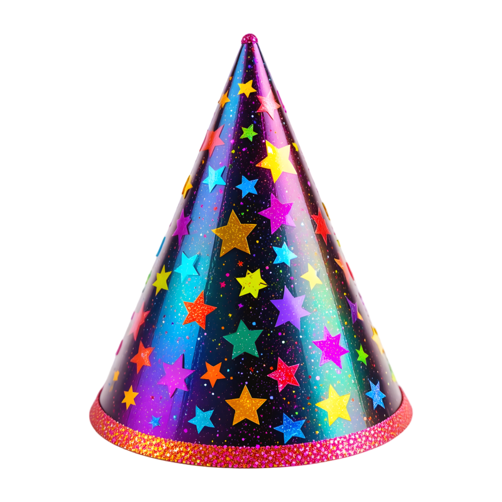 Colorful party hat conical shape starry pattern vibrant rainbow colors glossy surface festive design multi colored stars birthday celebration png