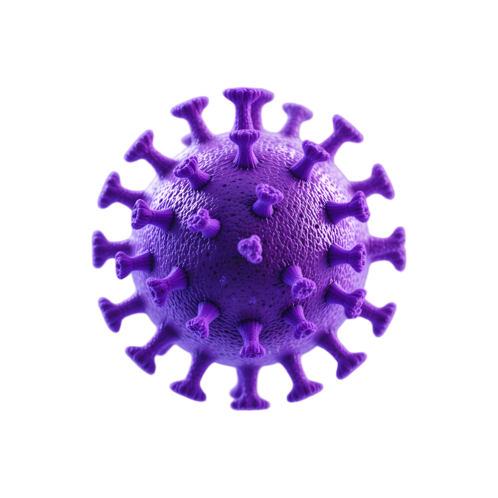 Microscopic virus purple spherical spiked surface 3D rendering scientific illustration detailed texture transparent background biological hazard molecular structure png