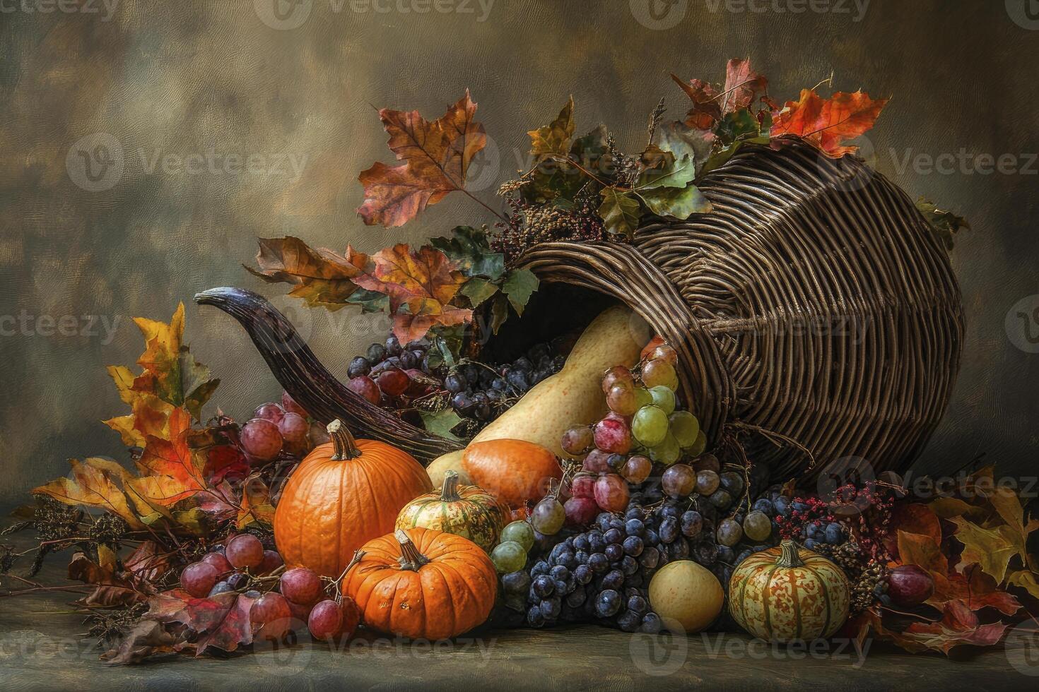 Autumn Cornucopia Filled with Pumpkins Grapes and Colorful Leaves Still Life photo