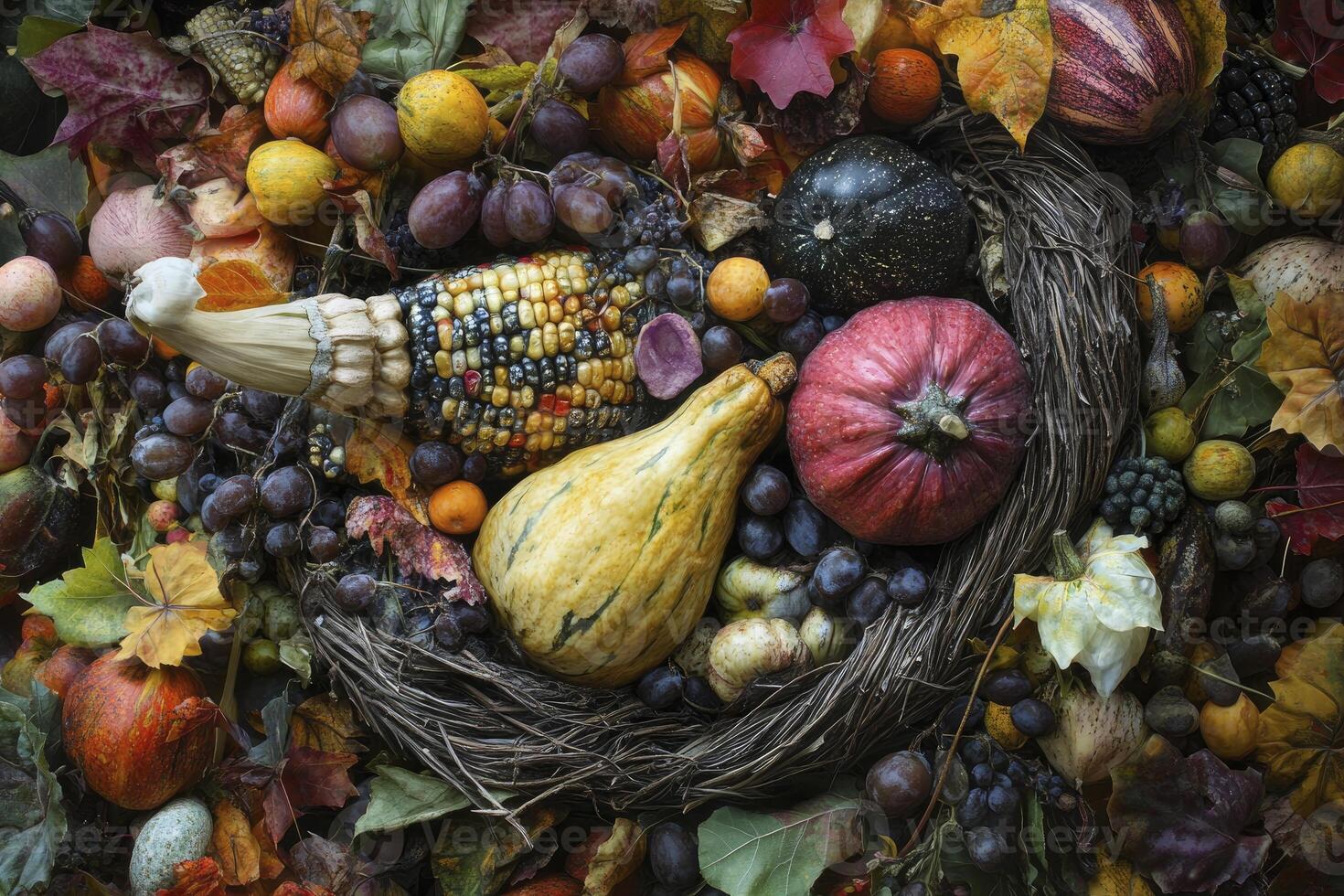 Autumn Harvest Still Life with Pumpkins, Corn and Grapes in Nest photo