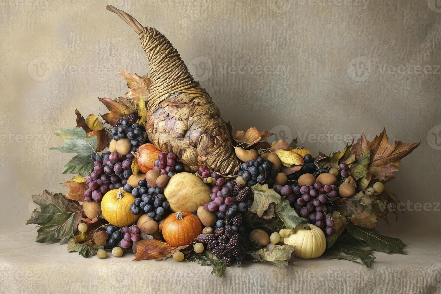 Festive Cornucopia Display with Pumpkins, Grapes, and Autumnal Leaves photo