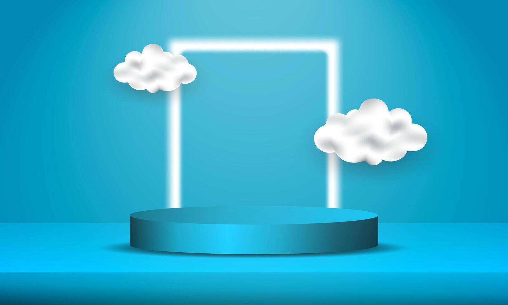 Realistic 3D cylindrical podium in abstract space with horizontal neon lights glowing. Product display presentation vector