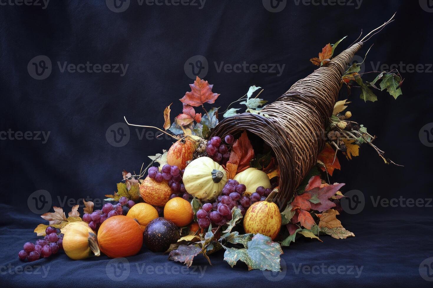 Cornucopia Overflowing with Fresh Fruits and Gourds for Thanksgiving Holiday photo