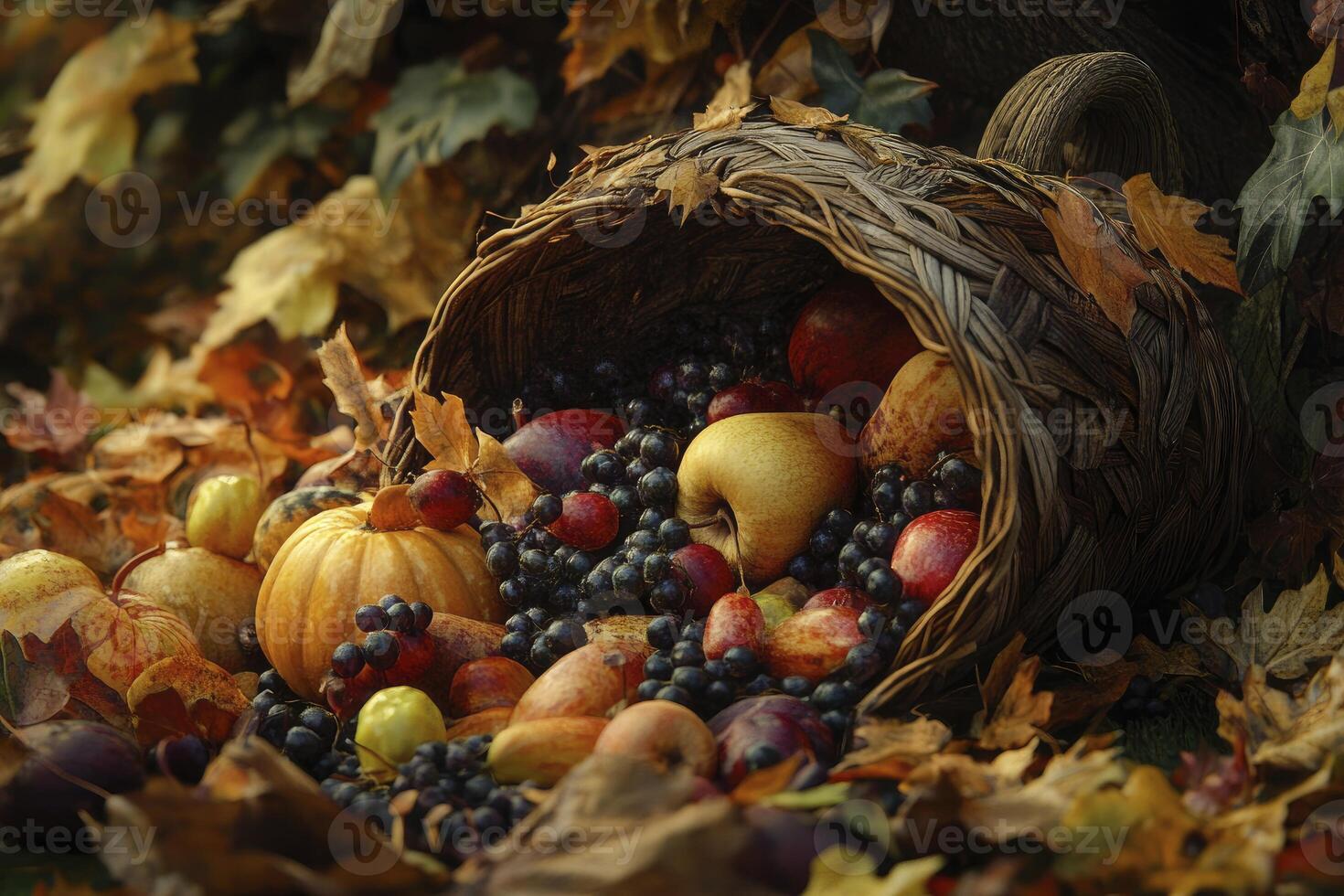 Cornucopia Overflowing with Autumn Harvest Fruits and Vegetables on Fallen Leaves photo