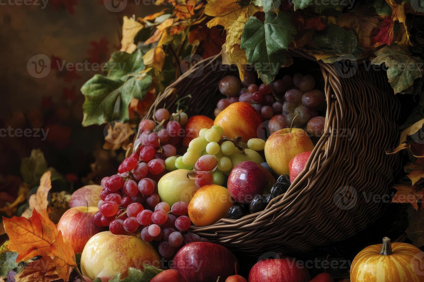Fruit Basket Overflowing with Apples and Grapes Surrounded by Autumn Leaves photo
