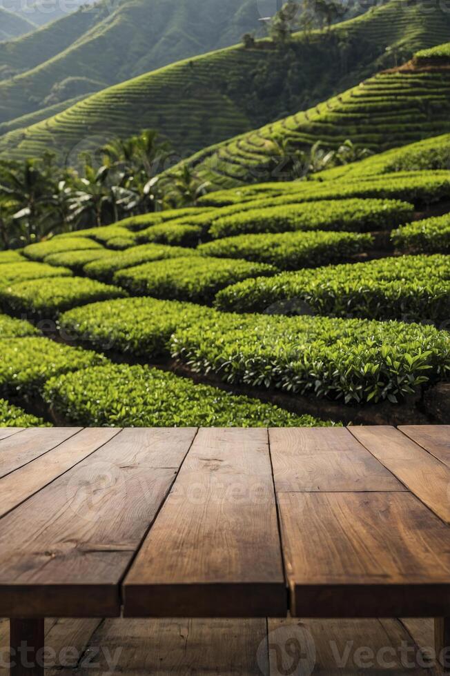 Tea Plantation on Rolling Hills with Wood Table Background Image photo
