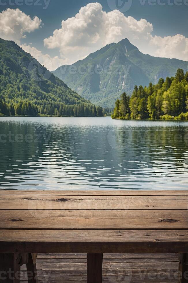 Lake View From Rustic Wooden Table with Mountain and Forest Backdrop photo