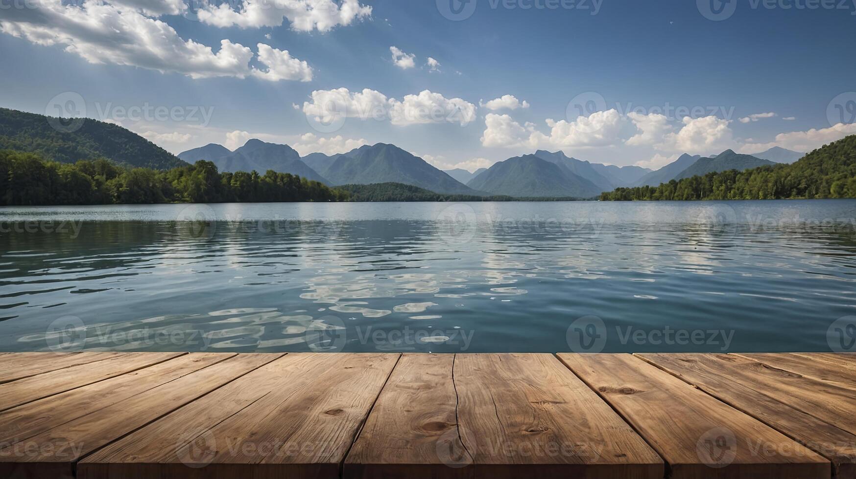 Lake Scene with Mountain Backdrop and Wooden Dock for Product Display photo