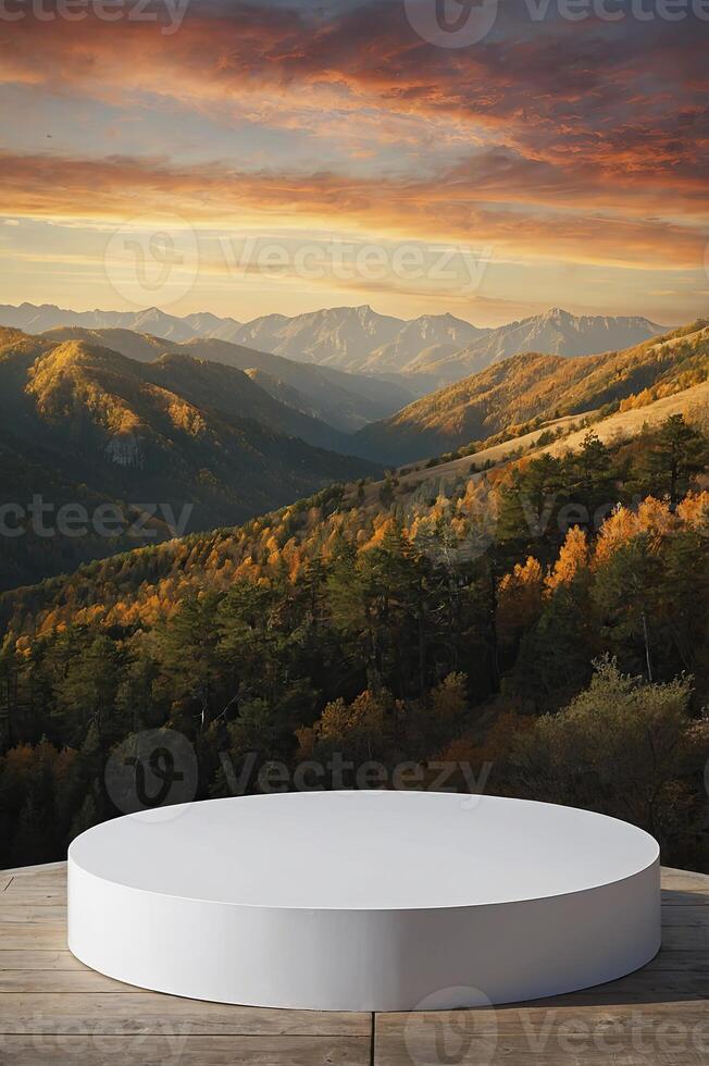 Product Display Stand with Mountain Landscape at Sunset and Autumnal Colors photo