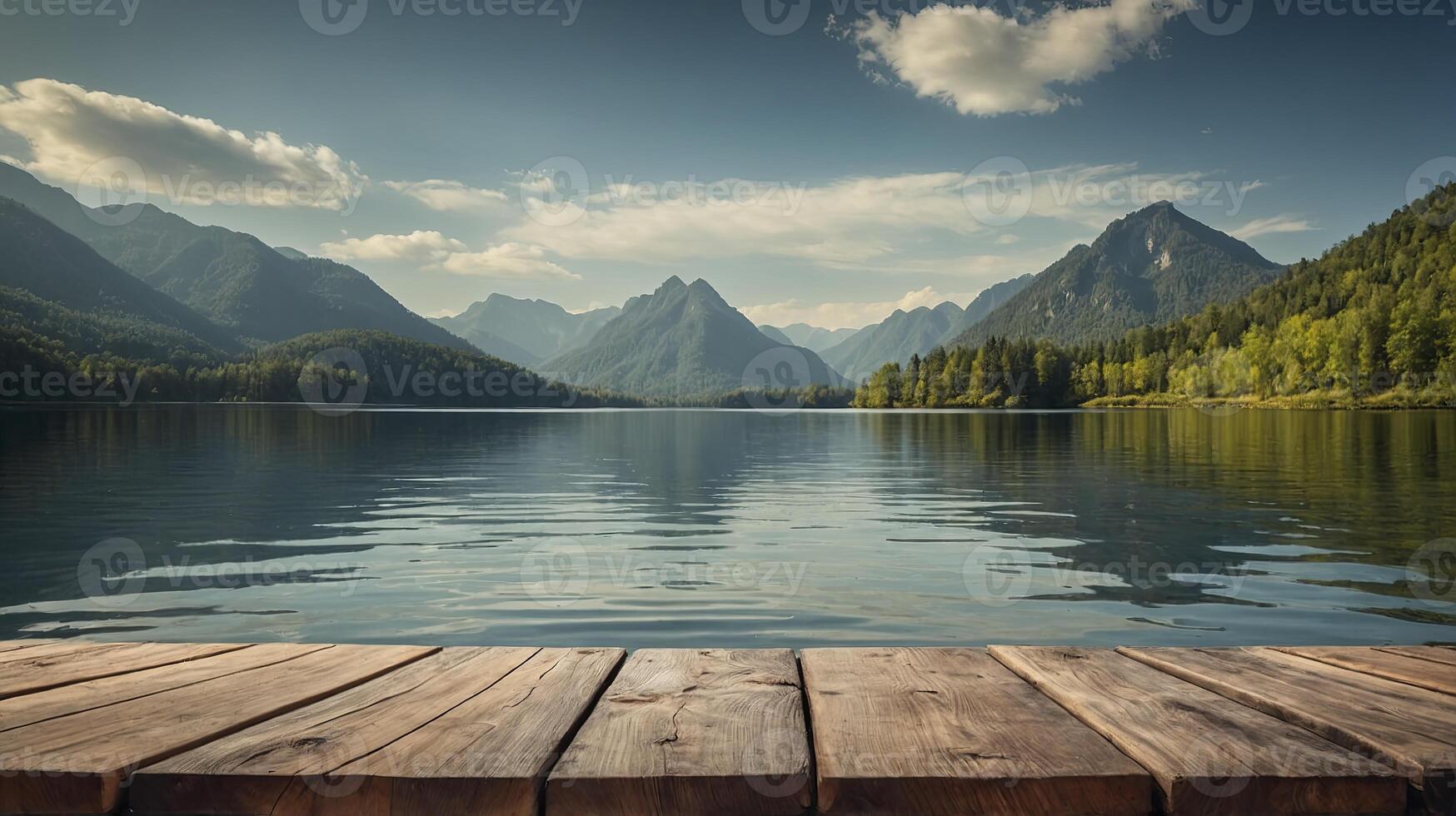 Calm Lake Water Reflecting Mountains with Wooden Dock in Foreground photo