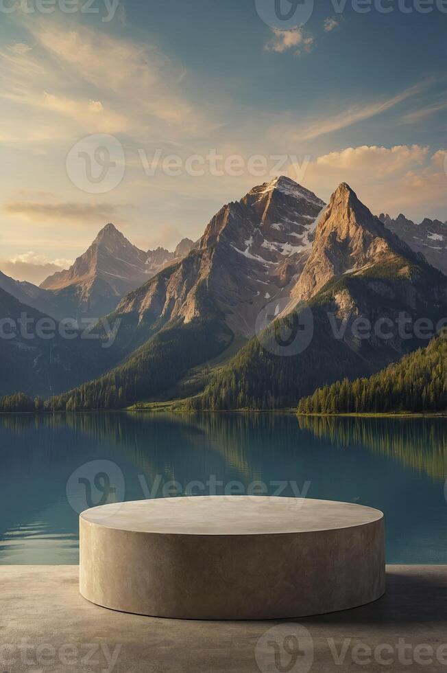 Lake and Mountain Landscape with Display Platform for Product Showcase photo