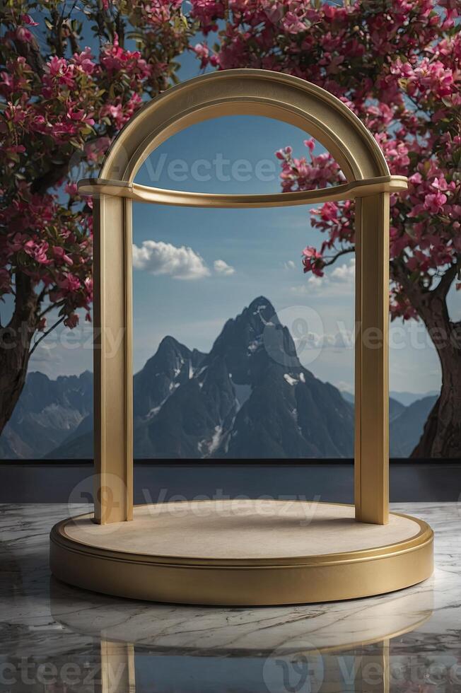Golden Podium with Mountain View and Cherry Blossoms in Background photo