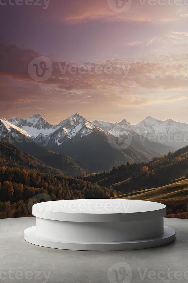 Display Podium with Mountain View Scene for Product Showcase or Advertisement photo